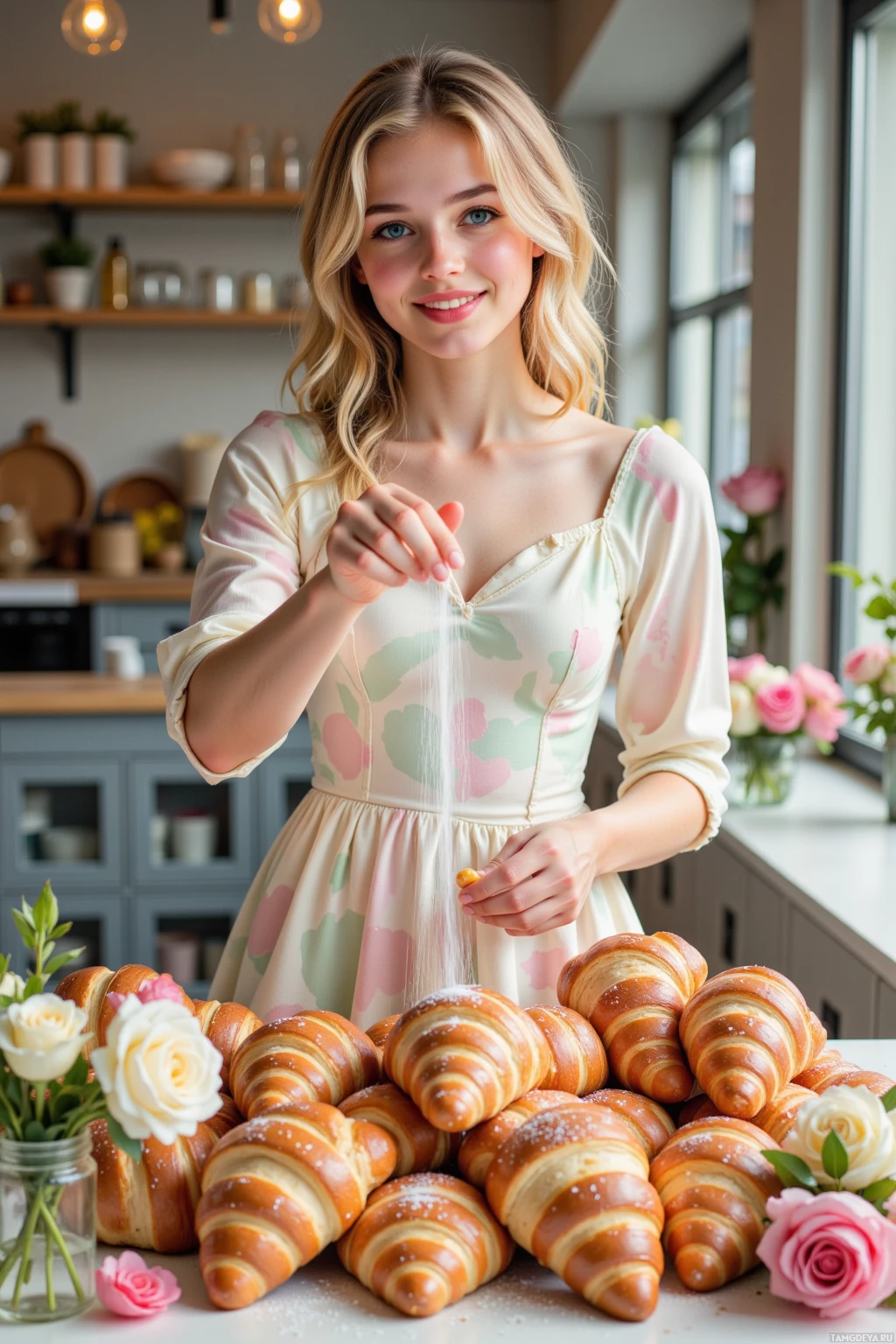 A woman sprinkles powdered sugar over a pile of croissants in a kitchen setting.