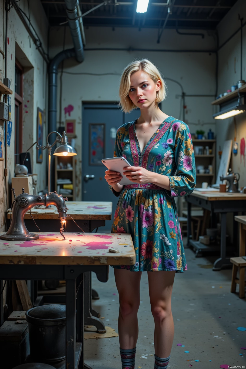 A woman stands in a workshop holding a tablet, wearing a floral dress and striped socks.