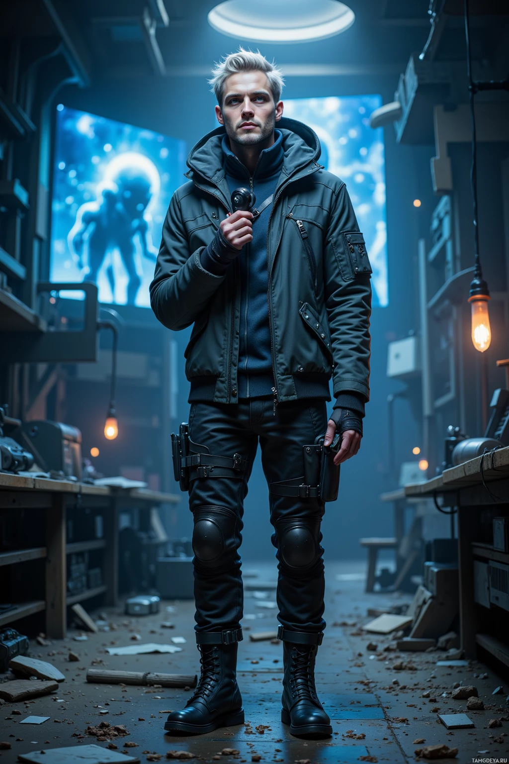 A man in a futuristic outfit stands in a dimly lit workshop.