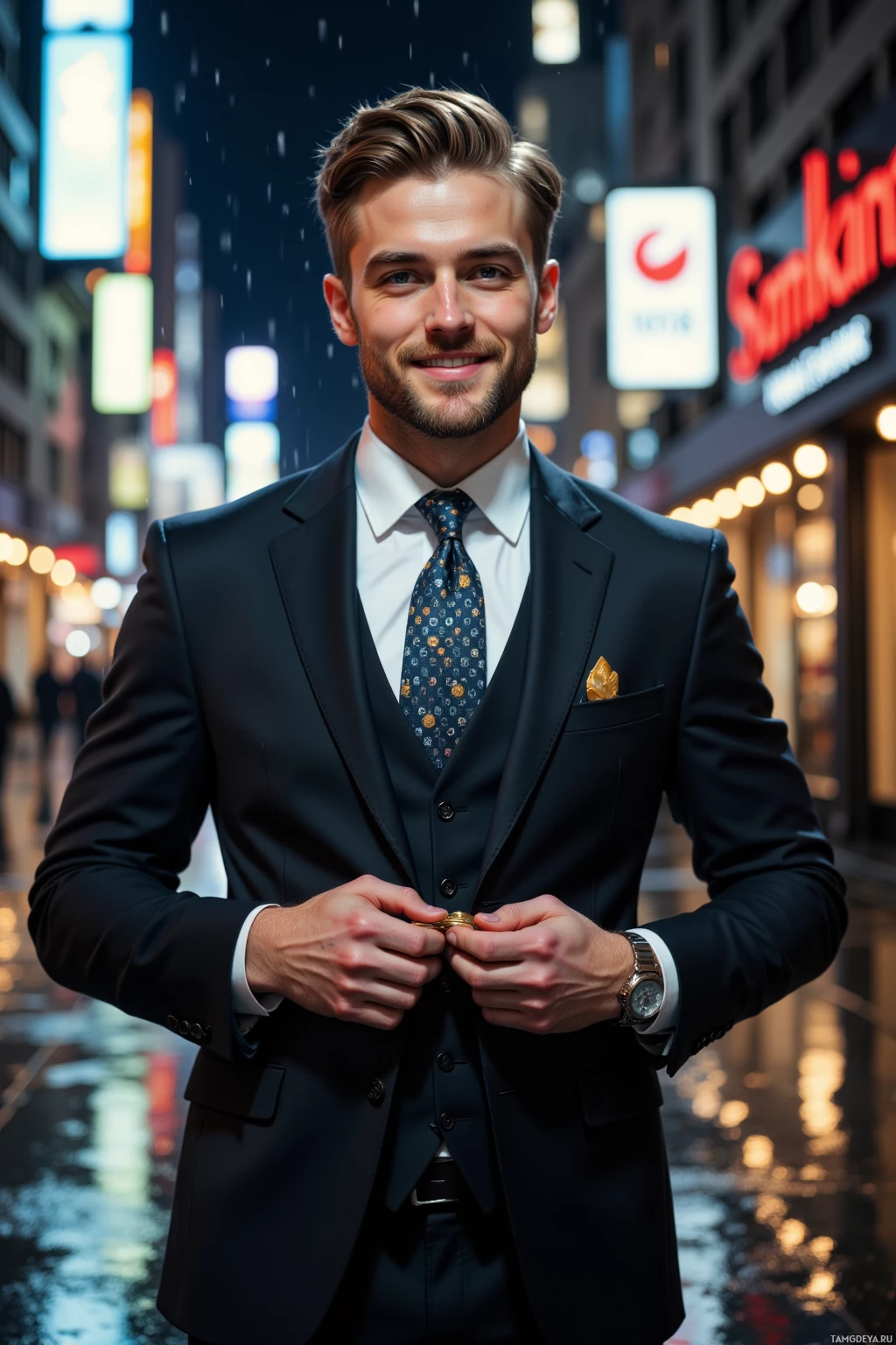 A man in a suit stands on a city street at night.