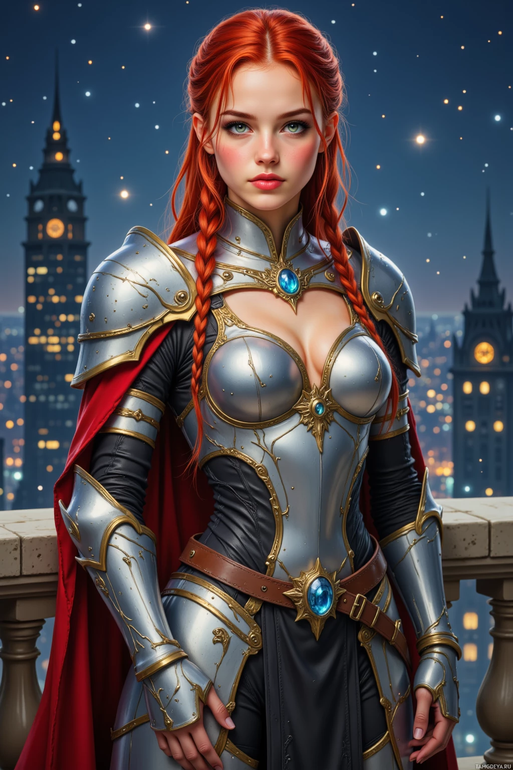 A woman in ornate armor stands against a cityscape backdrop.