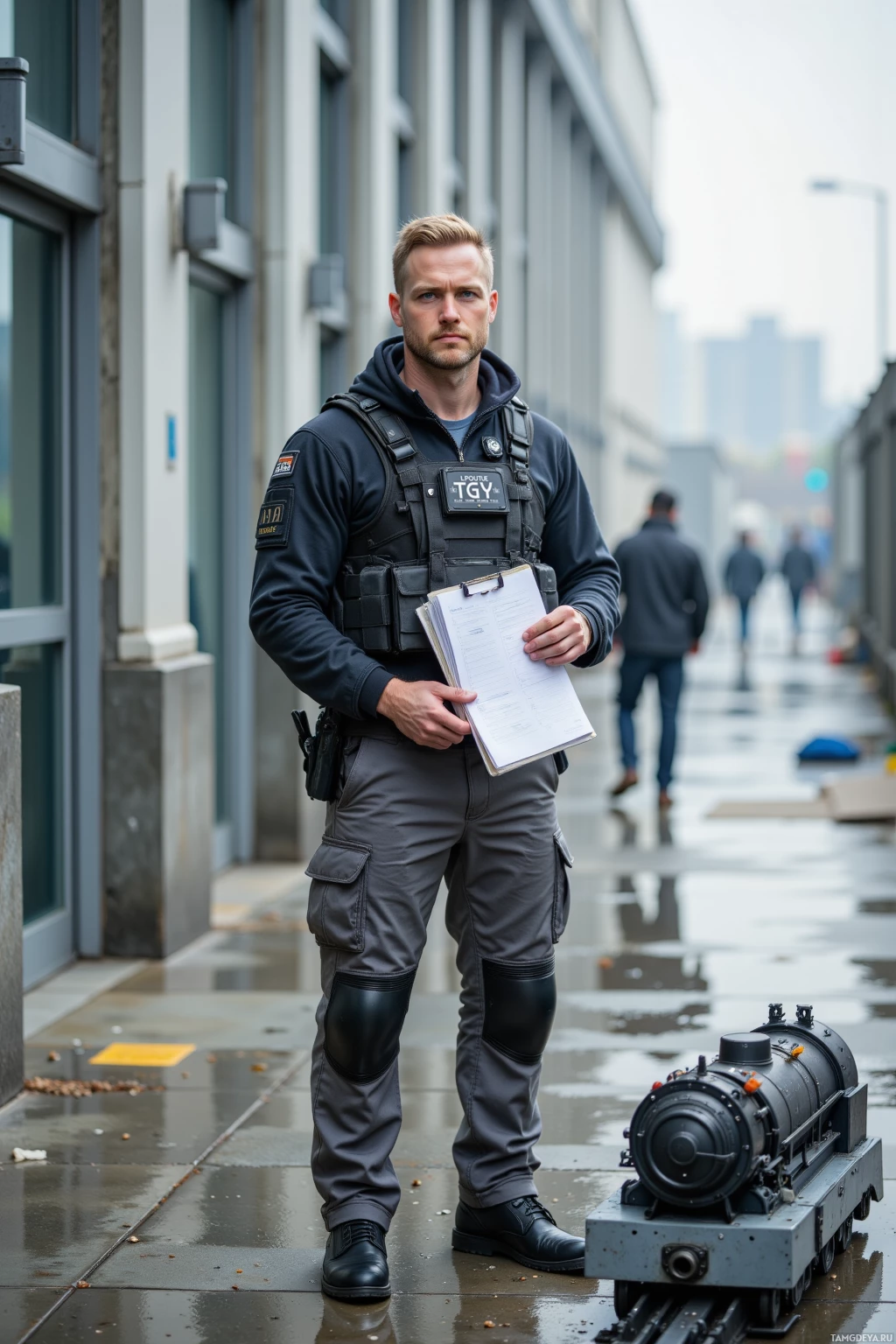 A man in tactical gear stands on a wet sidewalk holding a clipboard.