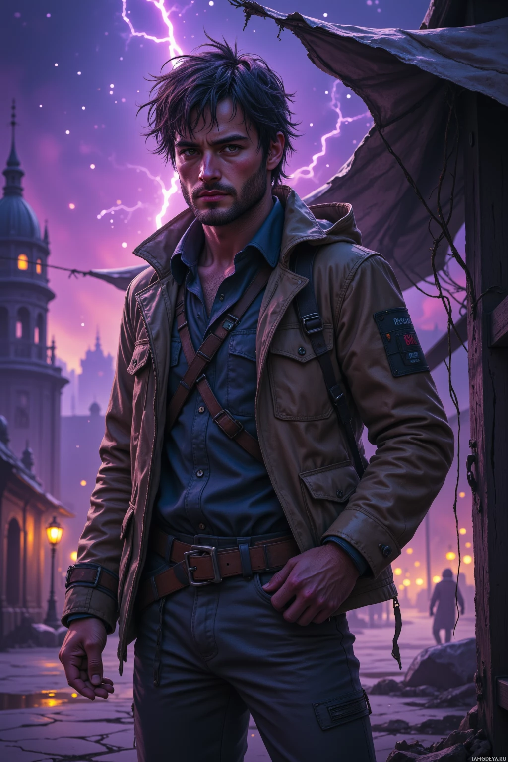 A man in a brown jacket and blue shirt stands in a dimly lit, stormy urban setting.