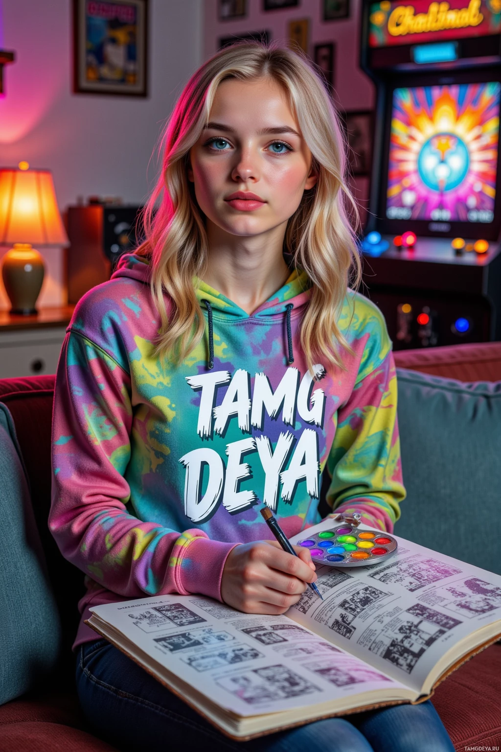 A person wearing a colorful tie-dye hoodie sits on a couch, holding a paintbrush and palette, with an open sketchbook in front of them.