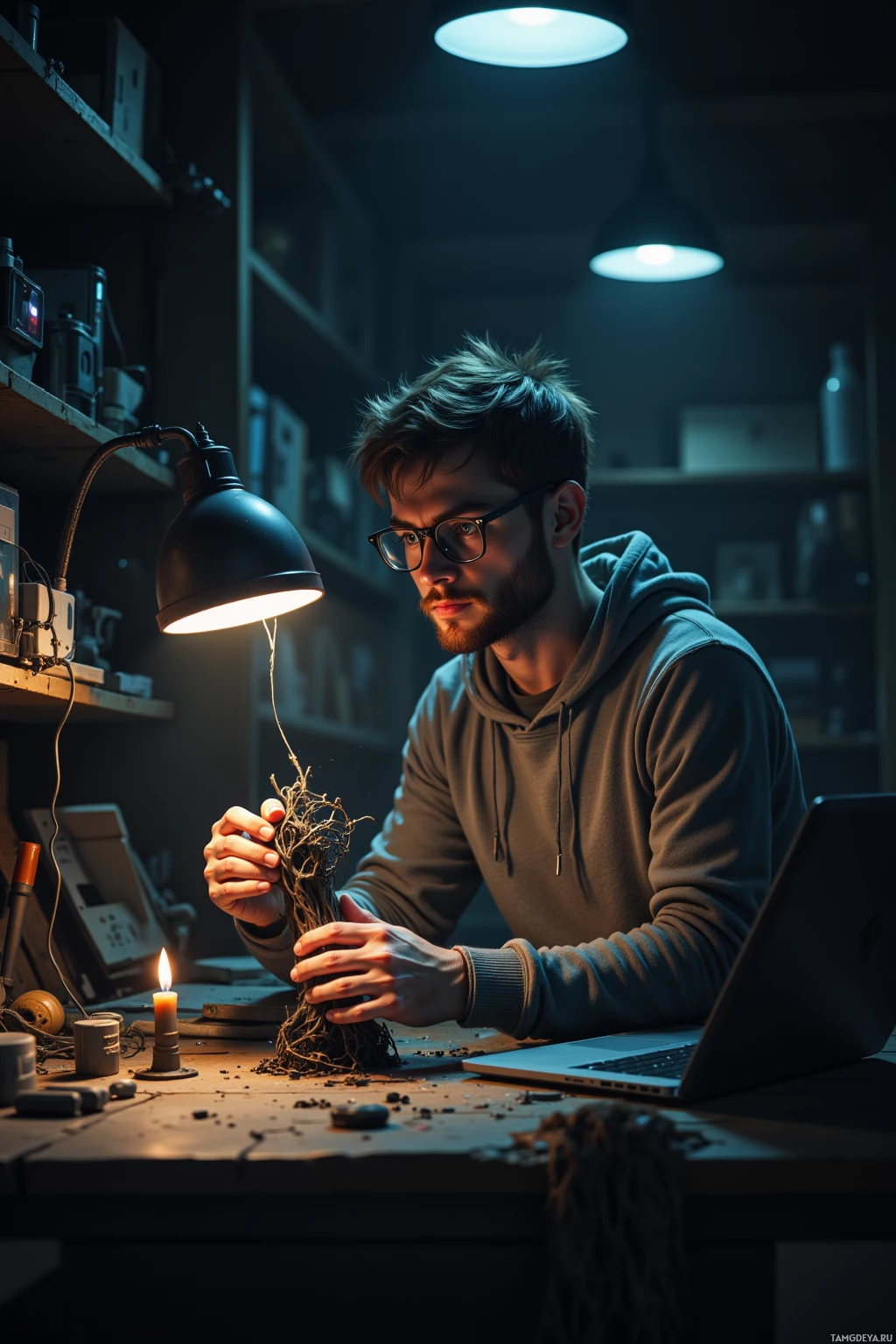 A man in a hoodie examines a plant root under a desk lamp in a dimly lit room.