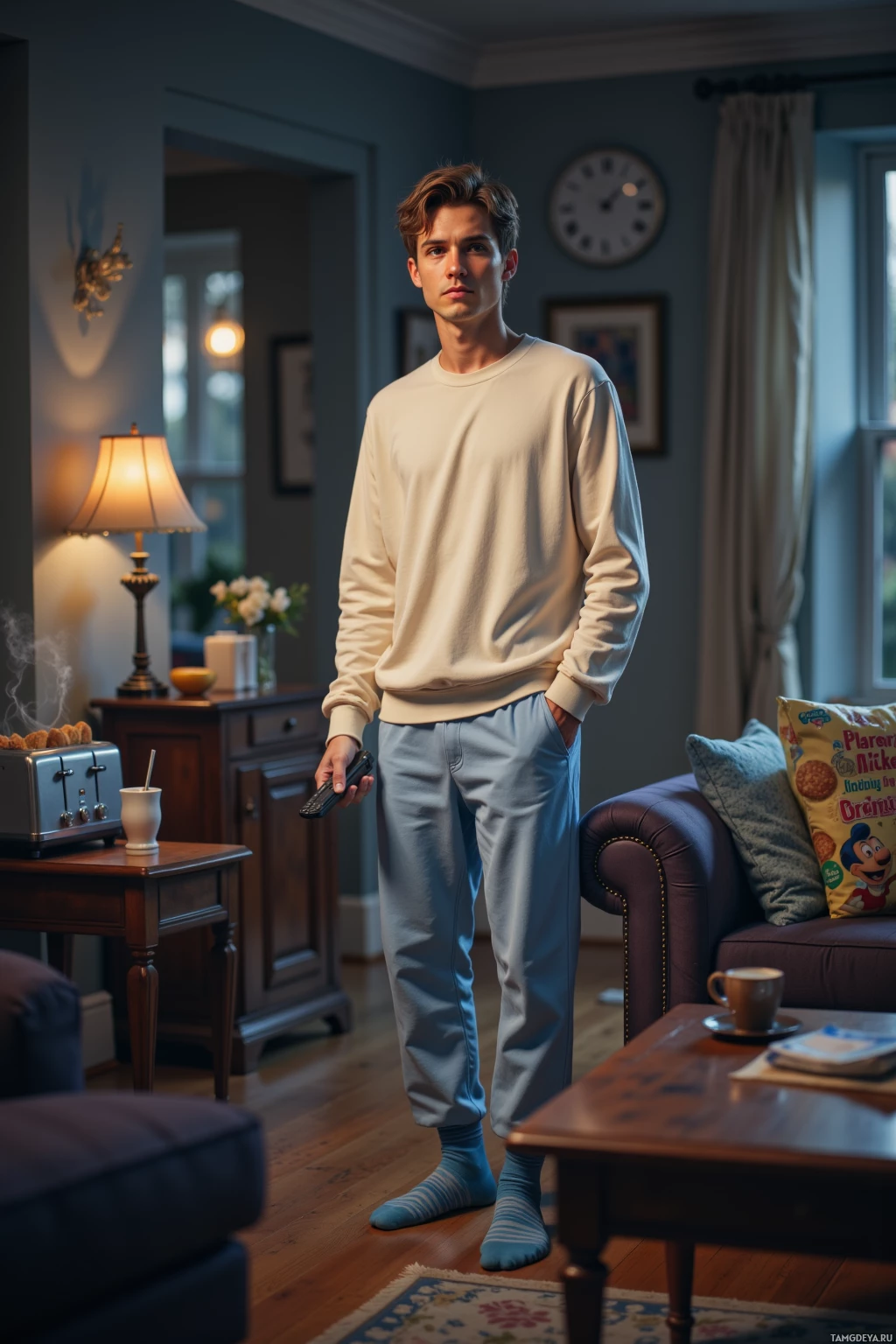 A man stands in a cozy living room holding a remote control.