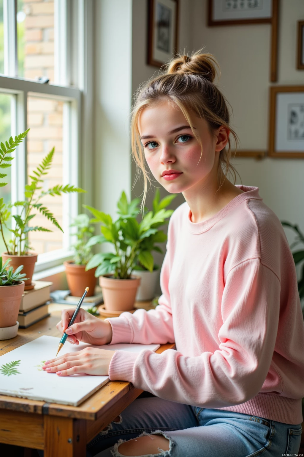 A young person in a pink sweater sits at a desk, drawing with a pencil.