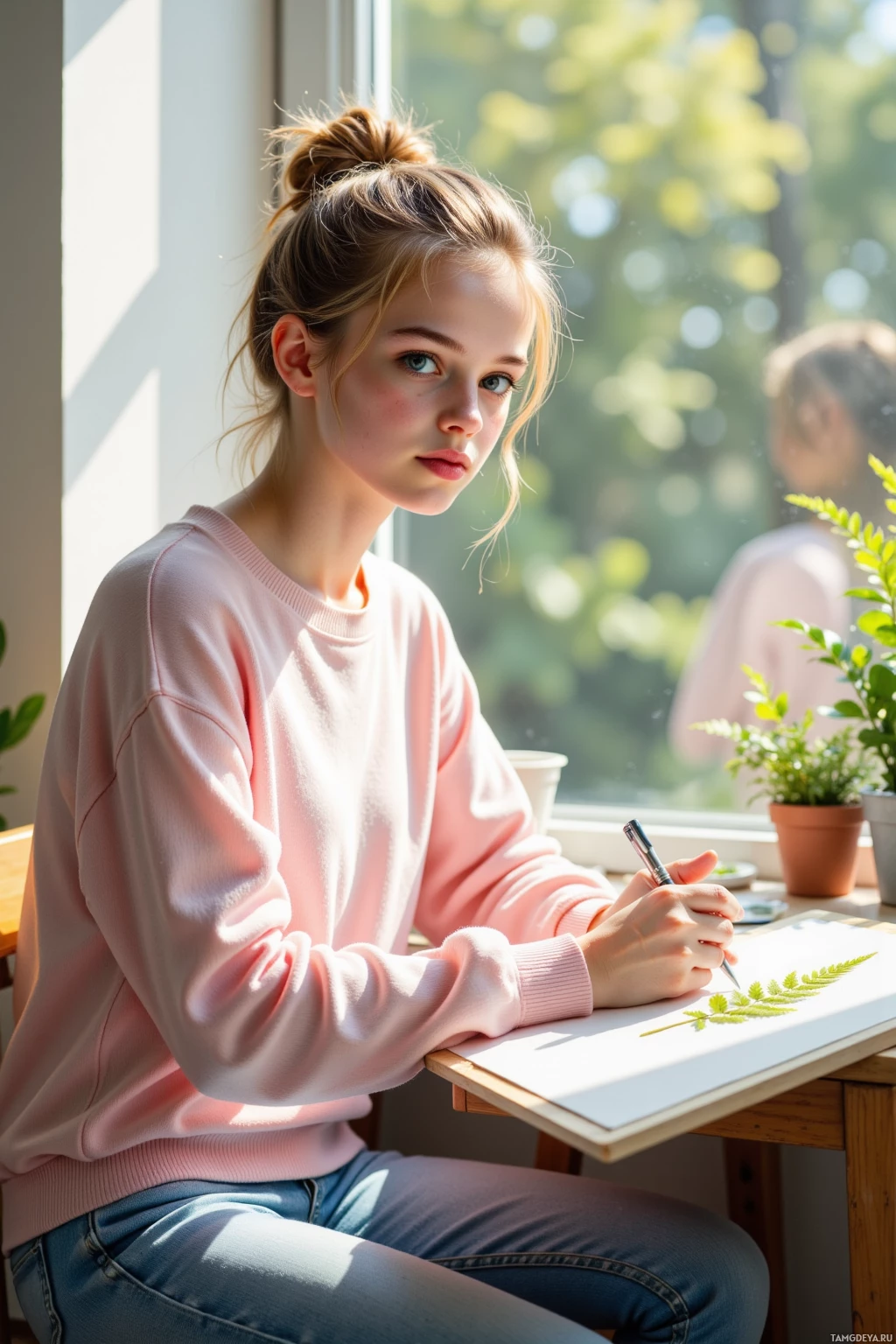 A young person in a pink sweatshirt is sitting at a desk, drawing a leaf on a piece of paper.