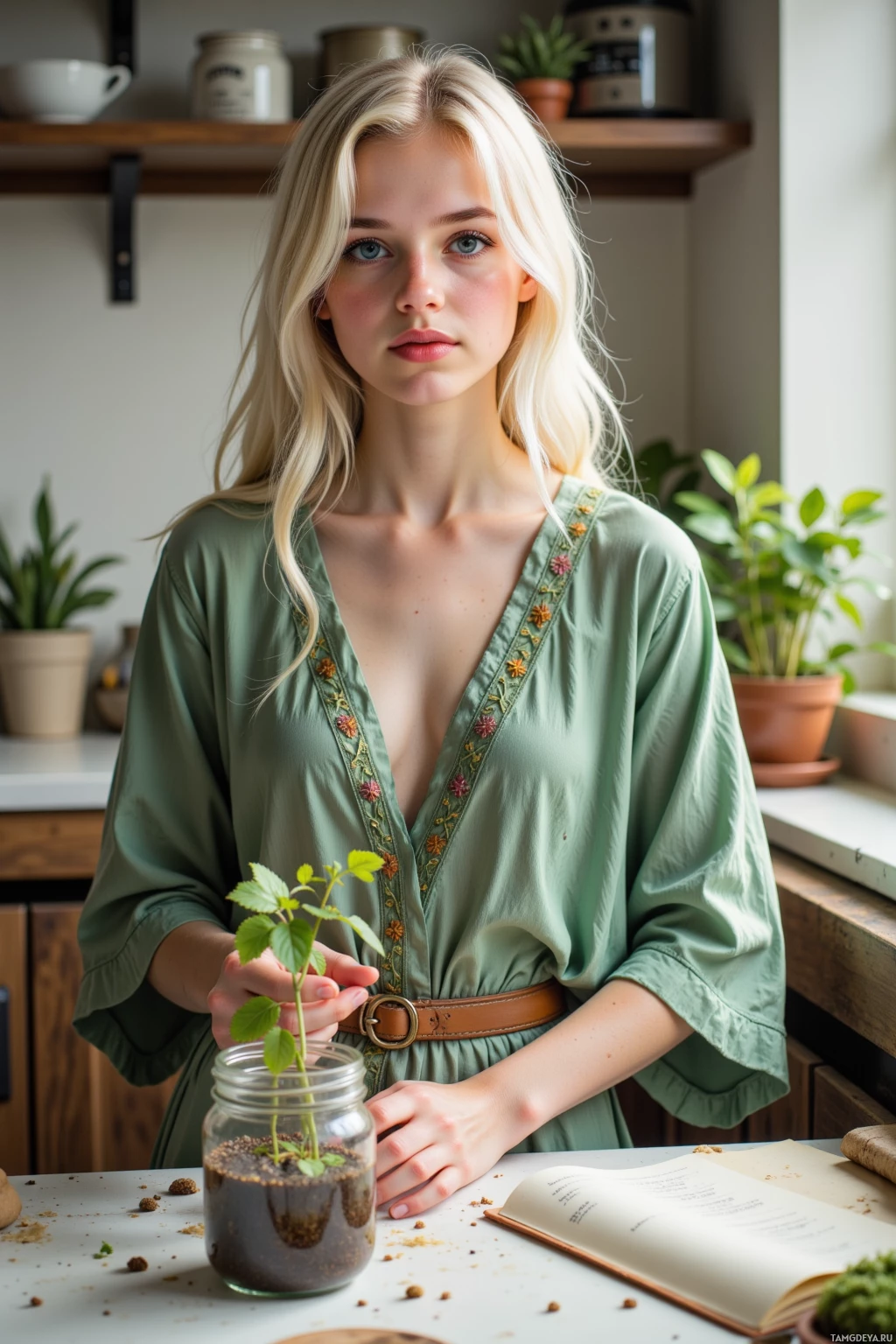 A woman in a green dress holds a small plant in a jar, standing in a kitchen with plants and books in the background.