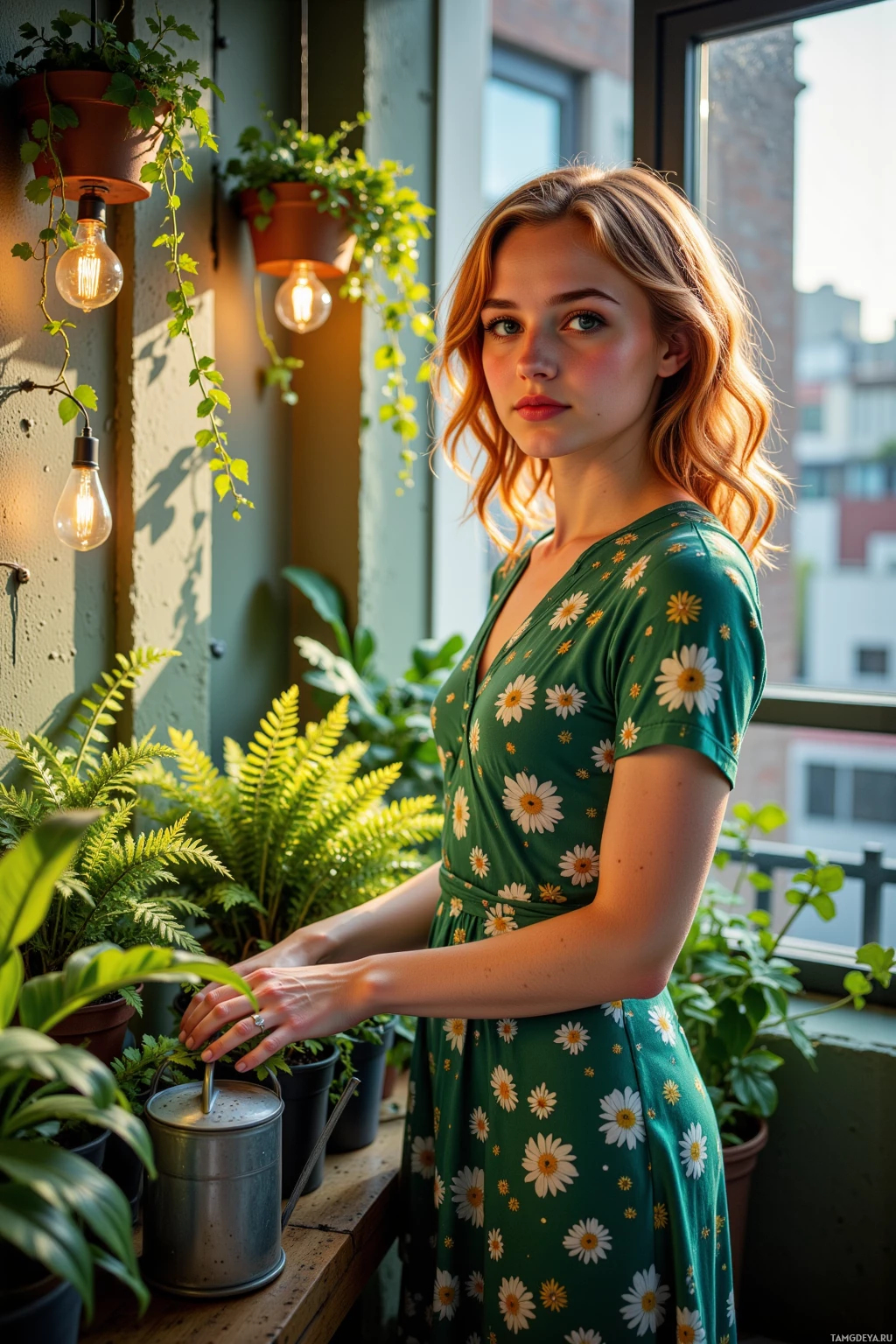 A woman in a floral dress waters plants on a balcony.