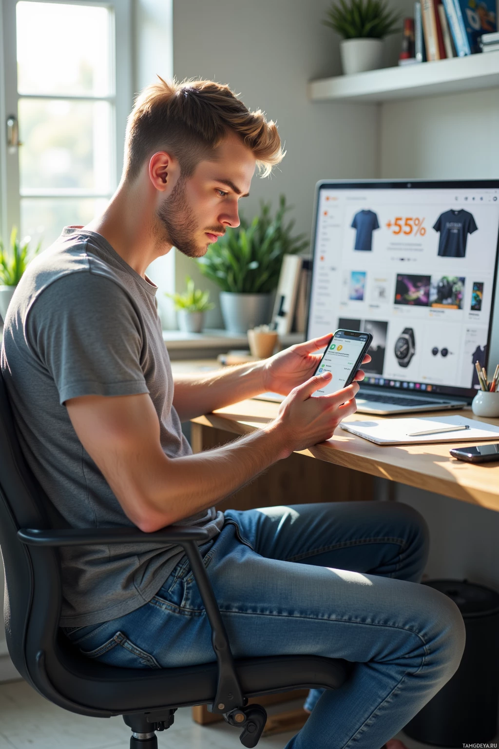 A man is sitting at a desk, looking at his phone while a laptop displays an online shopping page.