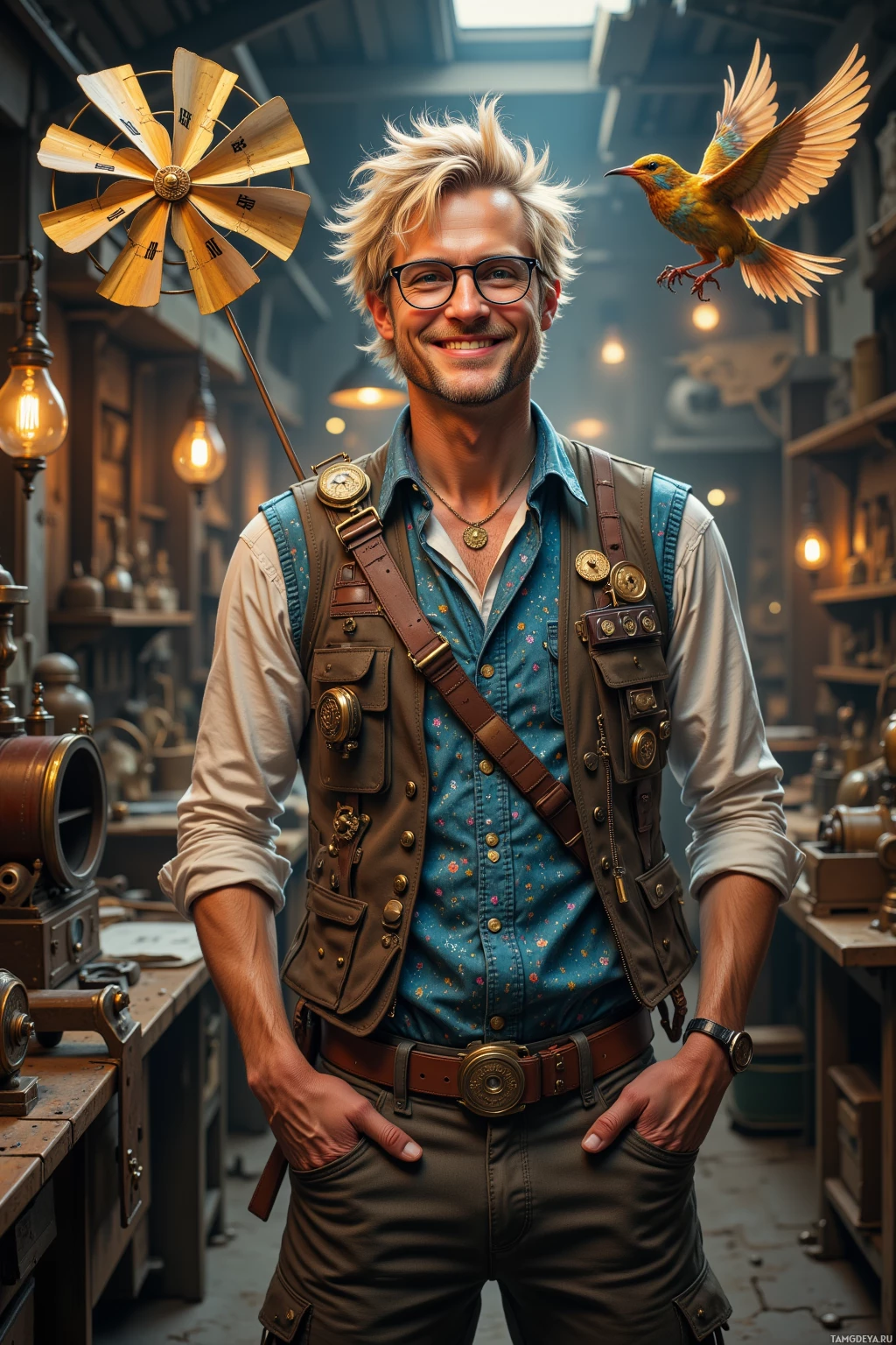 A man in a workshop setting, wearing a vest with pockets and a watch, with a bird and a windmill in the background.