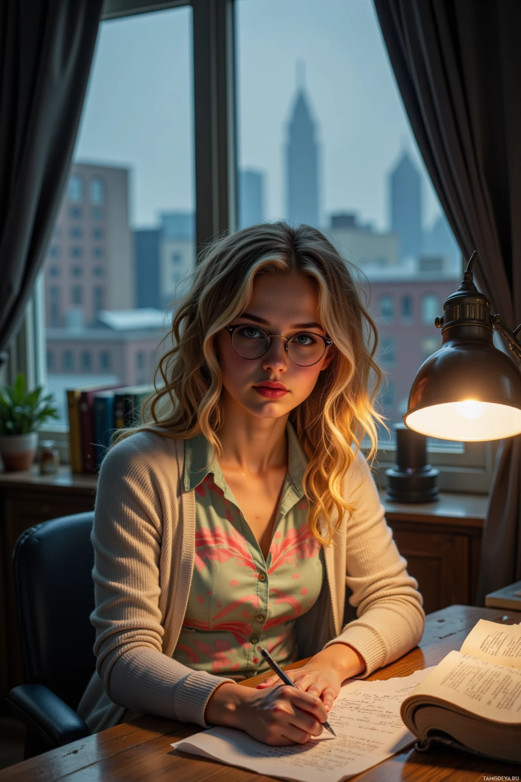 A woman sits at a desk, writing in a notebook with a cityscape visible through the window behind her.