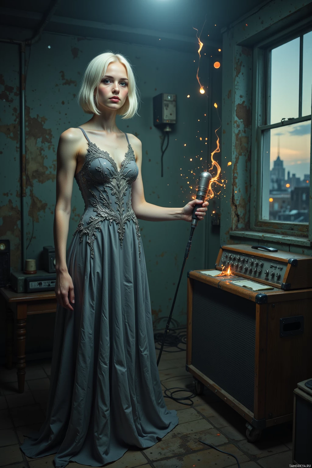 A woman in a long, elegant dress stands in a dimly lit room holding a microphone with sparks.