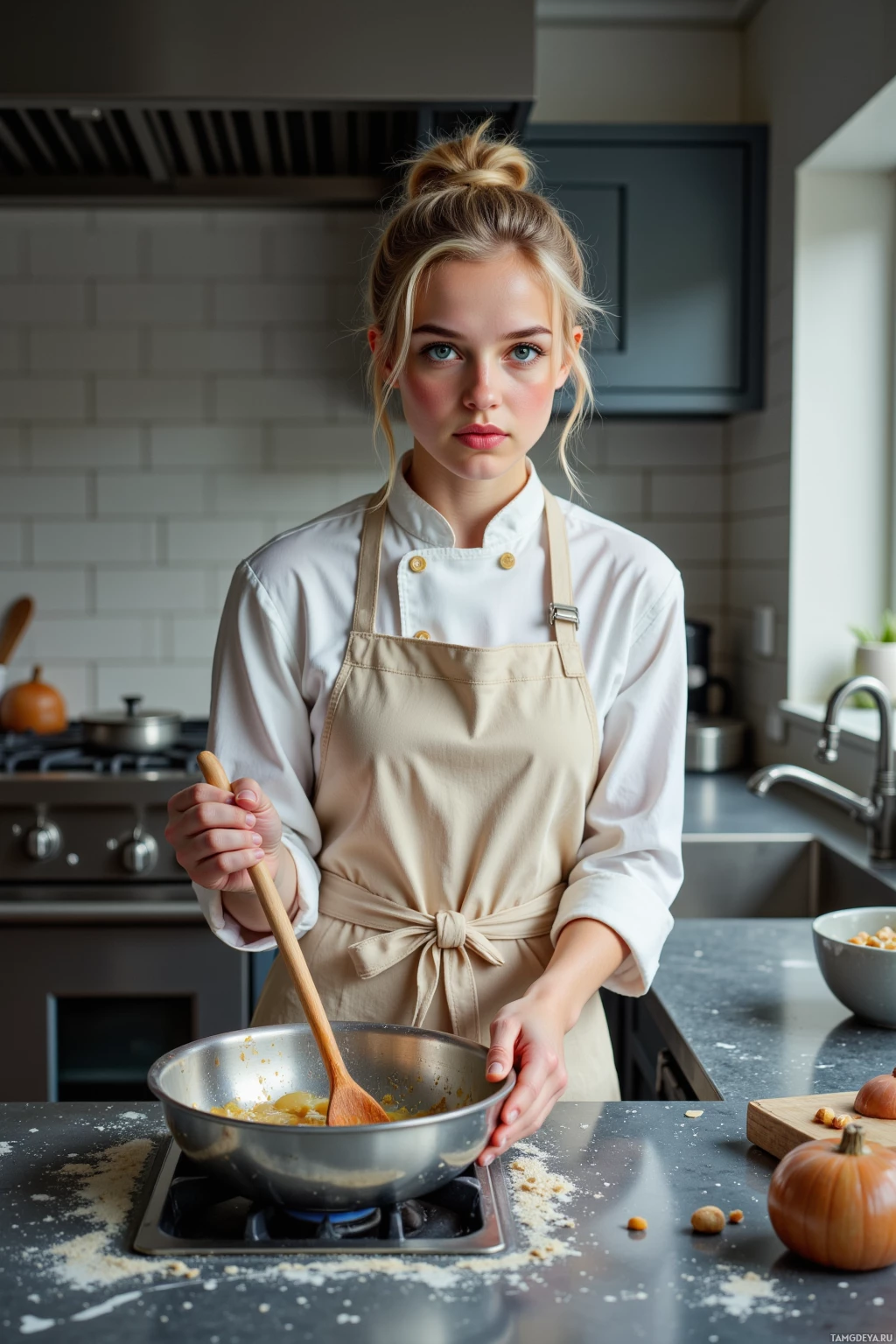 A person in a chef's uniform is cooking in a kitchen.