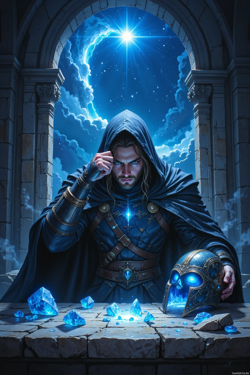 A hooded figure in blue armor stands before a glowing blue crystal skull and scattered blue crystals, under a starlit sky.