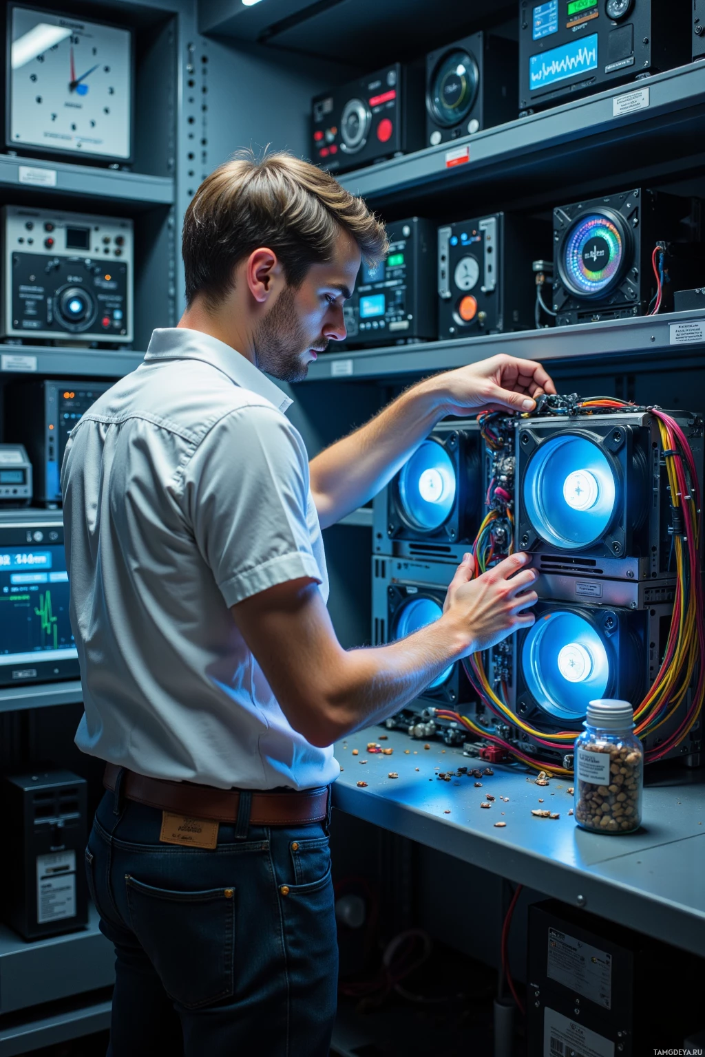 A man is working on electronic equipment in a lab setting.