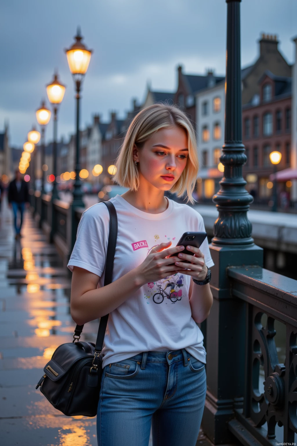 A person stands on a bridge at dusk, holding a phone and wearing a white t-shirt and jeans.