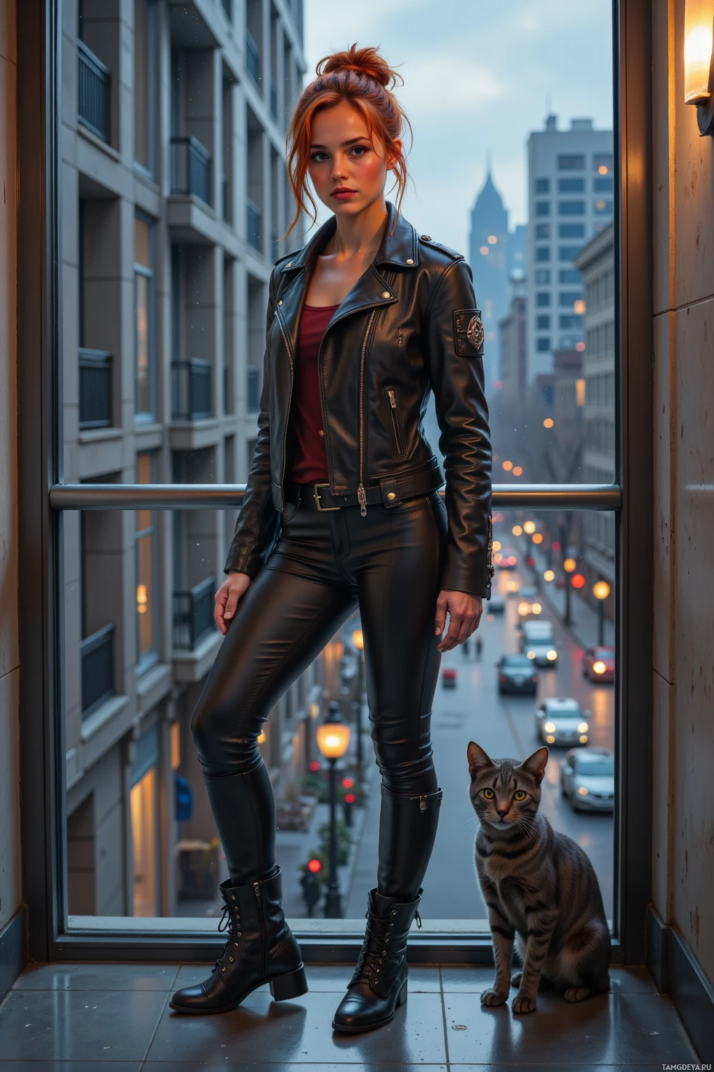 A woman in a leather outfit stands by a window with a cityscape and a cat beside her.