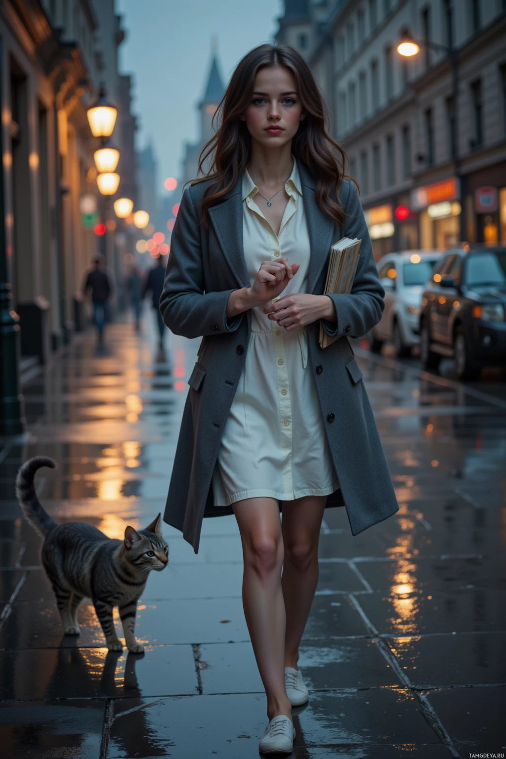 A woman walks down a wet street with a cat following her, holding a book.