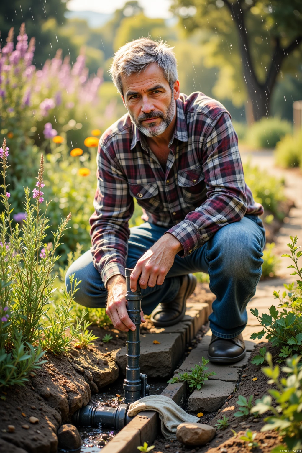 A man in a plaid shirt is kneeling in a garden, holding a pipe.