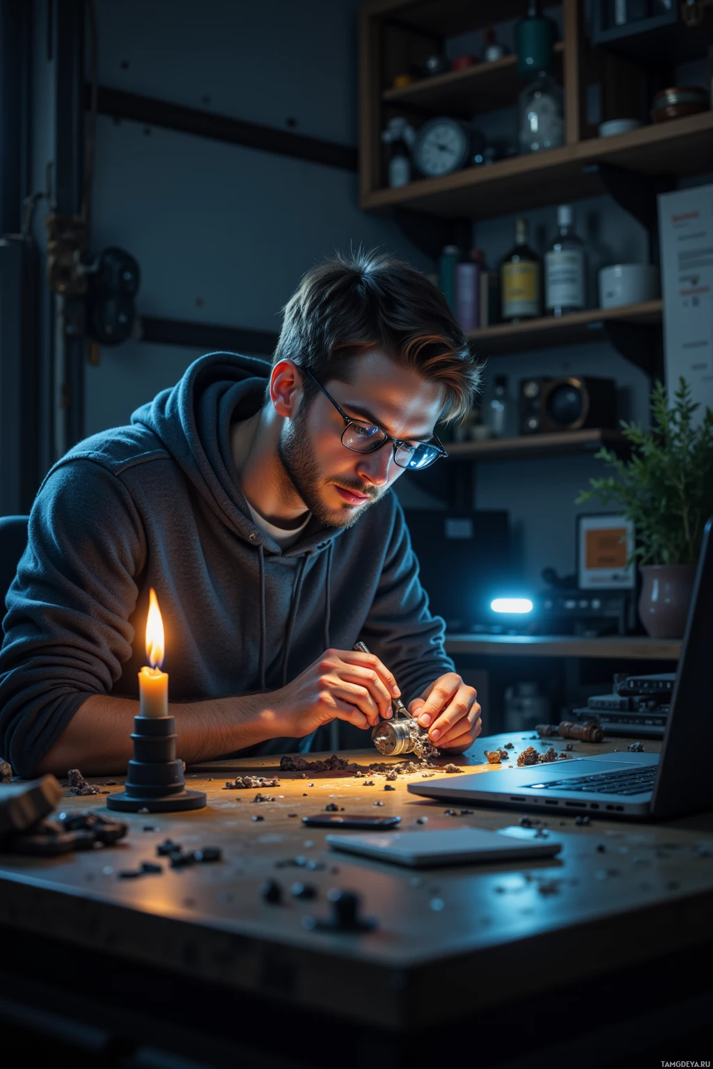 A man wearing glasses works intently at a desk with a lit candle, surrounded by various items.