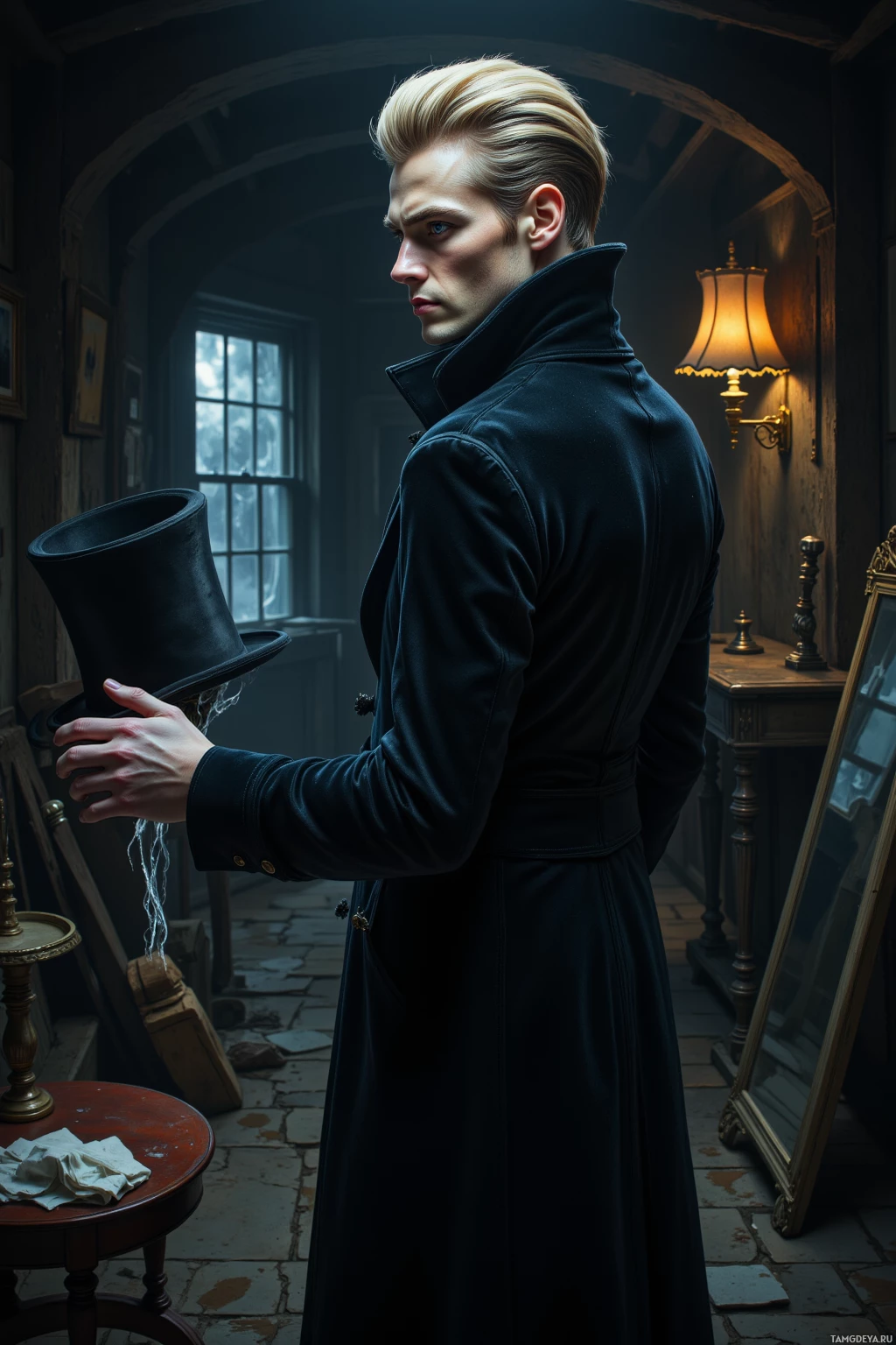 A man in a dark coat and top hat stands in a dimly lit room, holding his hat in his hand.