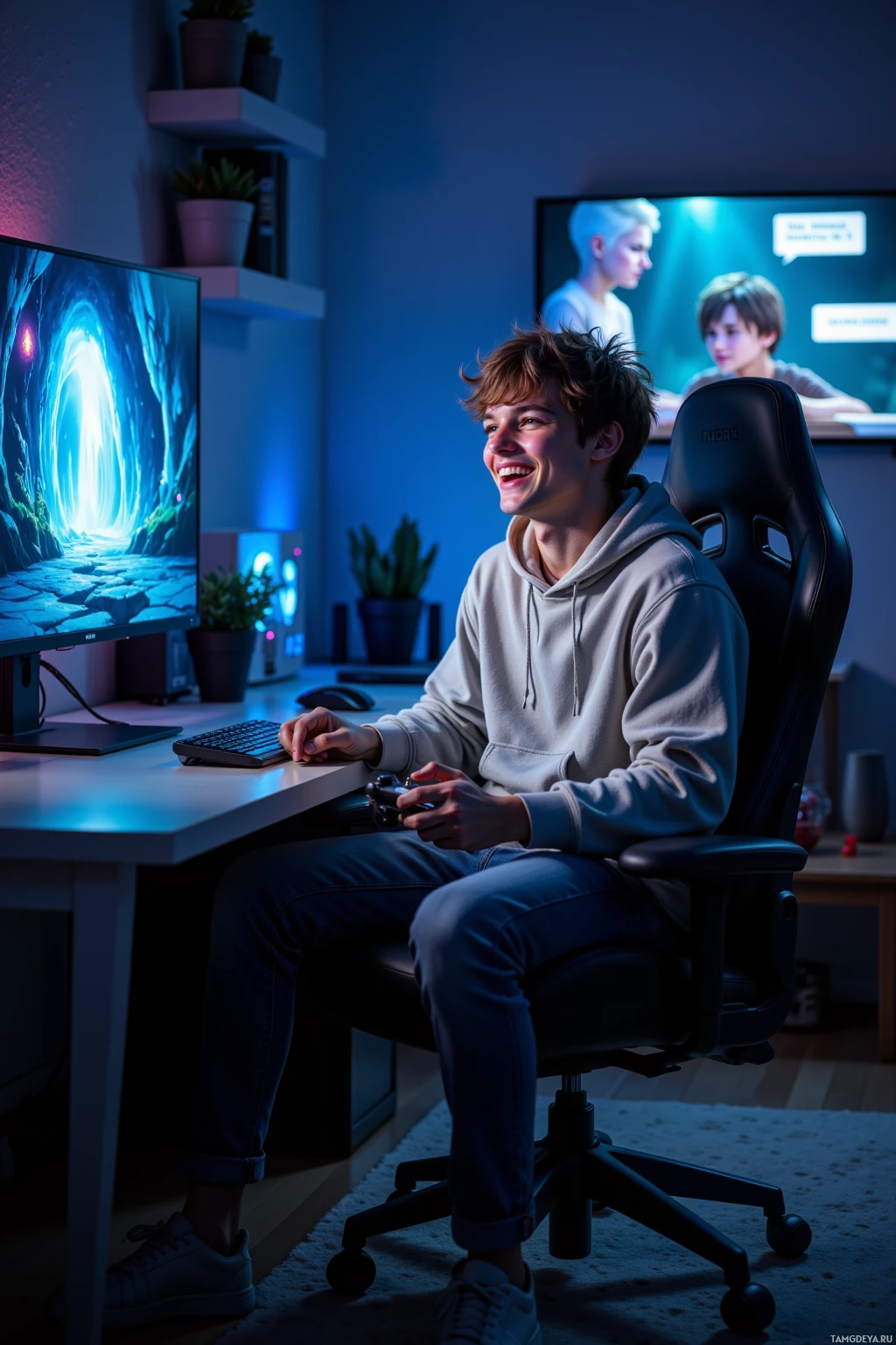 A young person is sitting in a gaming chair, smiling while playing a video game on a computer.