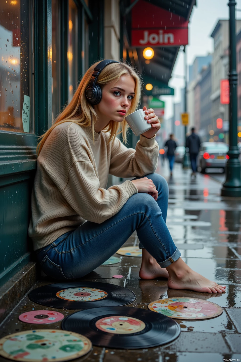 A person sits on a wet sidewalk, holding a cup, with vinyl records scattered on the ground nearby.