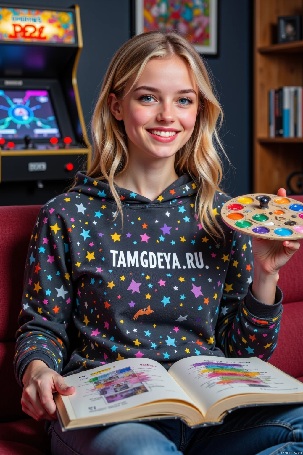 A person wearing a star-patterned hoodie holds a book and a paint palette.
