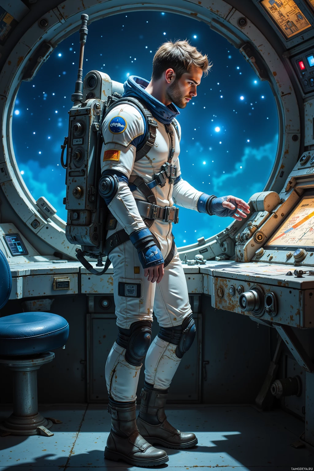 A person in a space suit stands inside a spacecraft, gazing out at the stars.