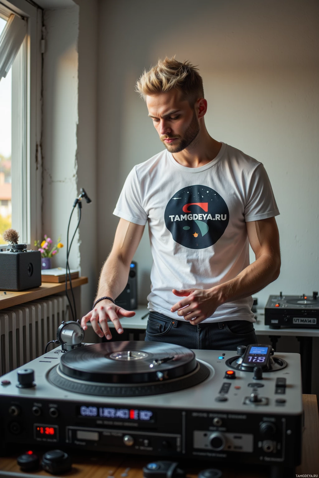 A person wearing a white t-shirt with a logo stands beside a turntable in a room with a window.