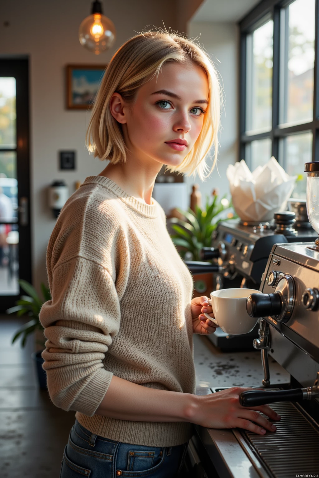 A person in a cozy sweater holds a coffee cup near a coffee machine in a bright café.