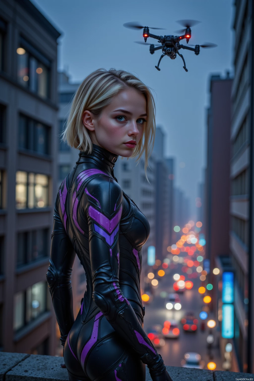 A person in a black and purple bodysuit stands on a rooftop overlooking a city street at dusk.