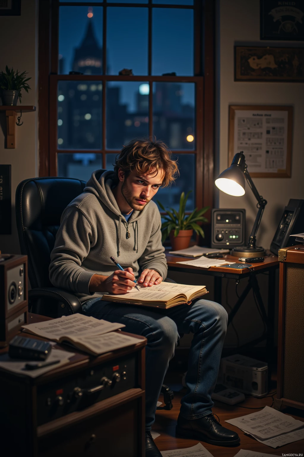 A man sits at a desk in a dimly lit room, writing in a notebook with a pen.