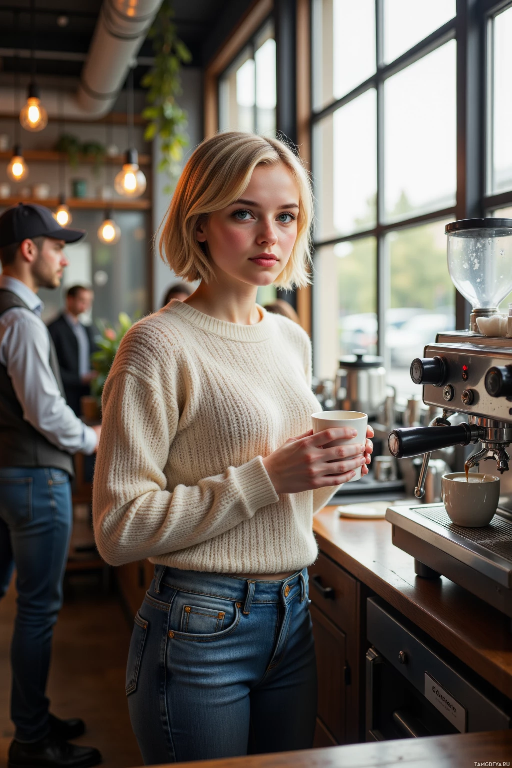 A woman in a cozy café holds a cup of coffee near a coffee machine.