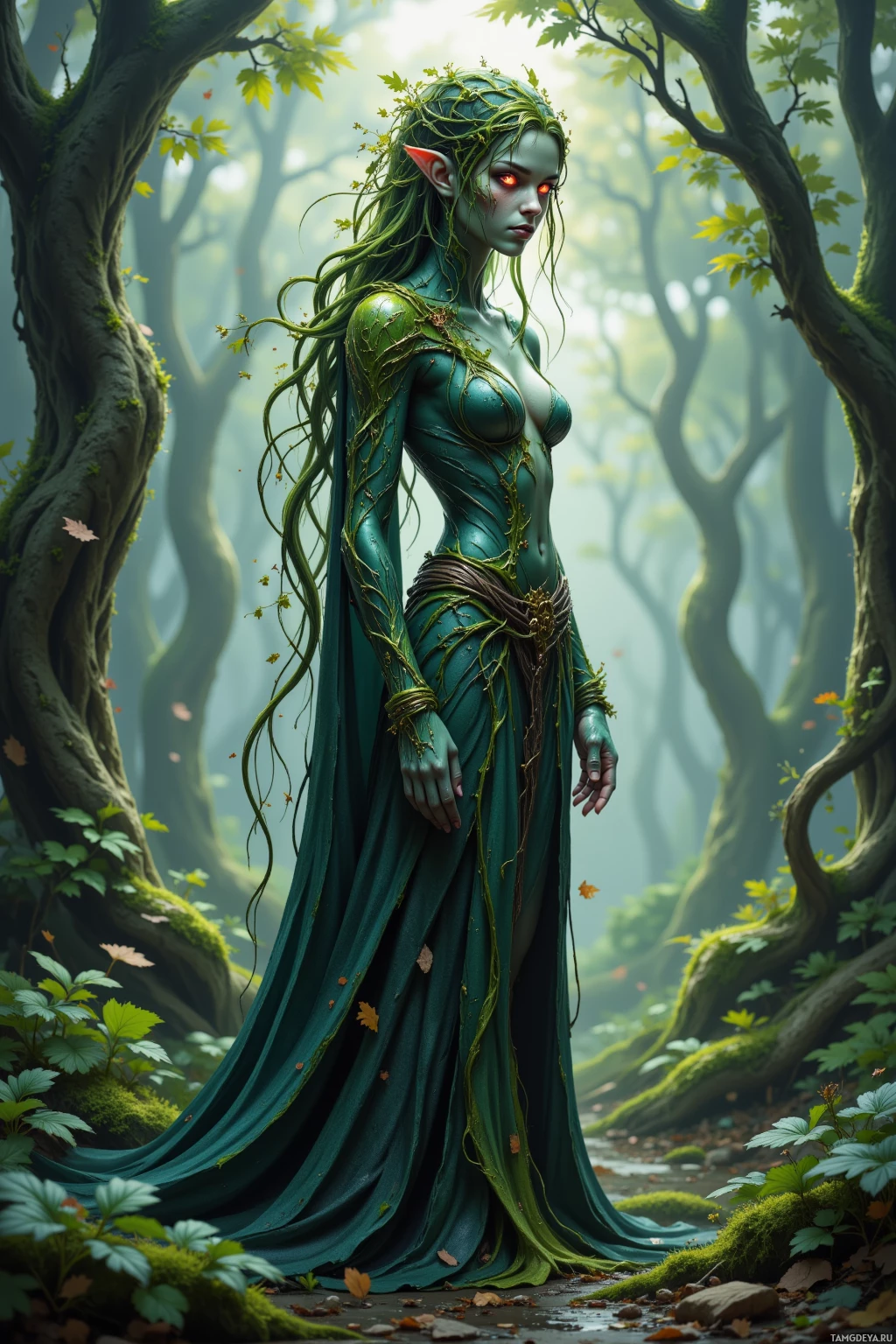 A forest nymph with green skin and long flowing hair stands amidst a misty forest.