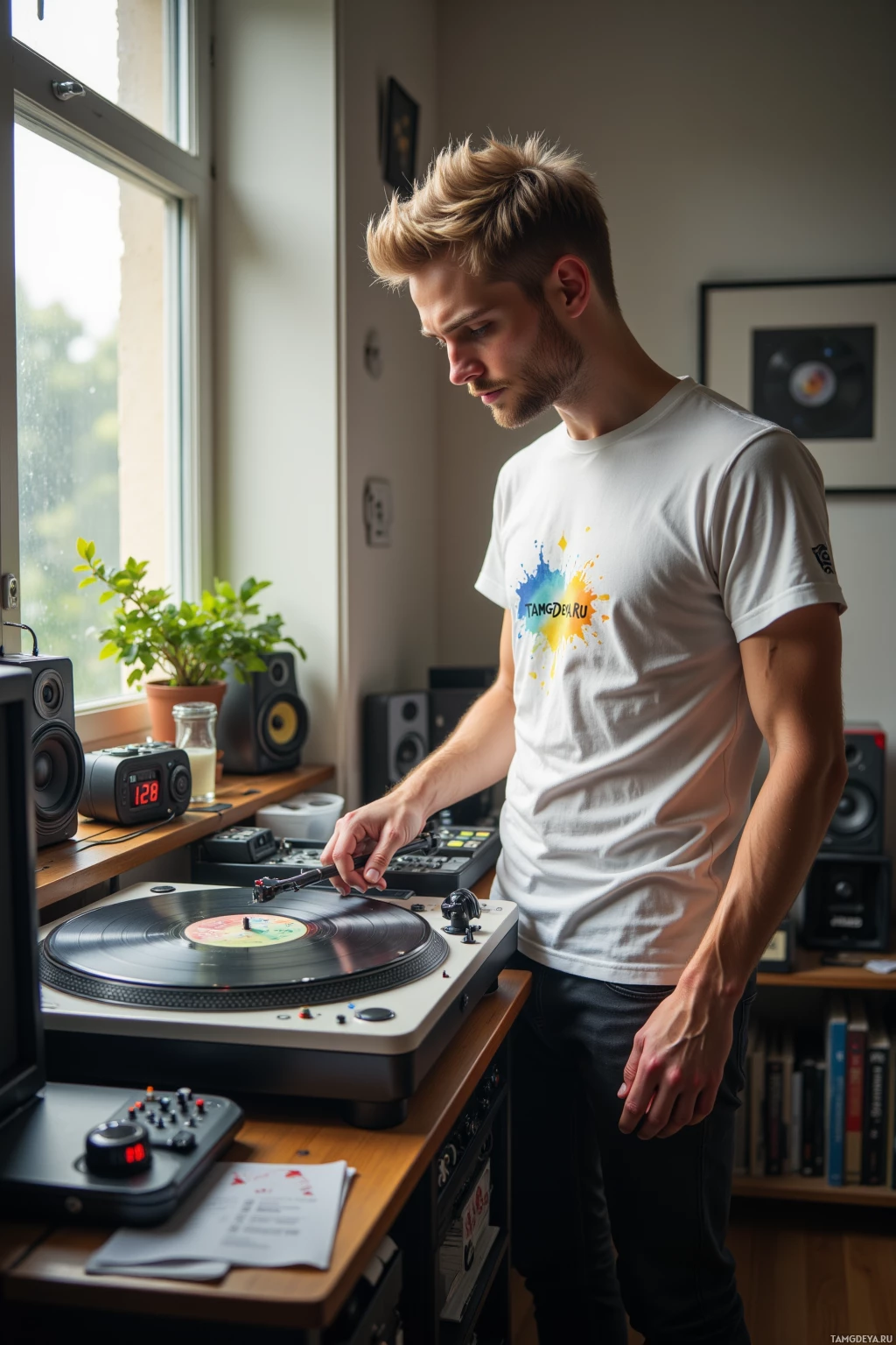 A man stands by a turntable, adjusting the needle on a vinyl record.
