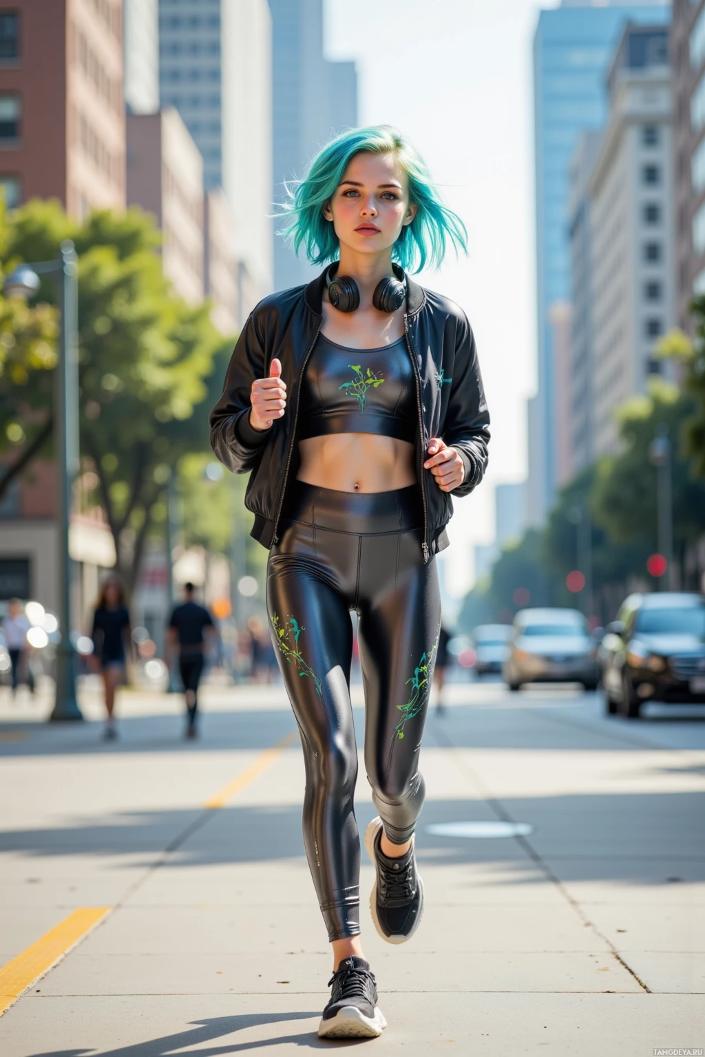 A person with teal hair walks confidently down a city street.