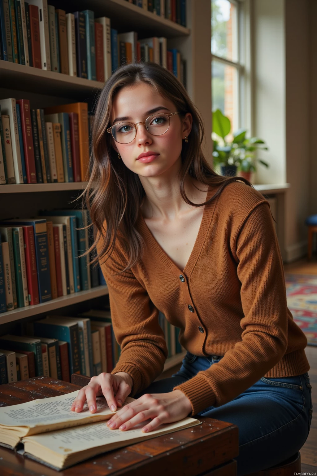 A person wearing glasses and a brown sweater sits at a table with an open book, surrounded by bookshelves.