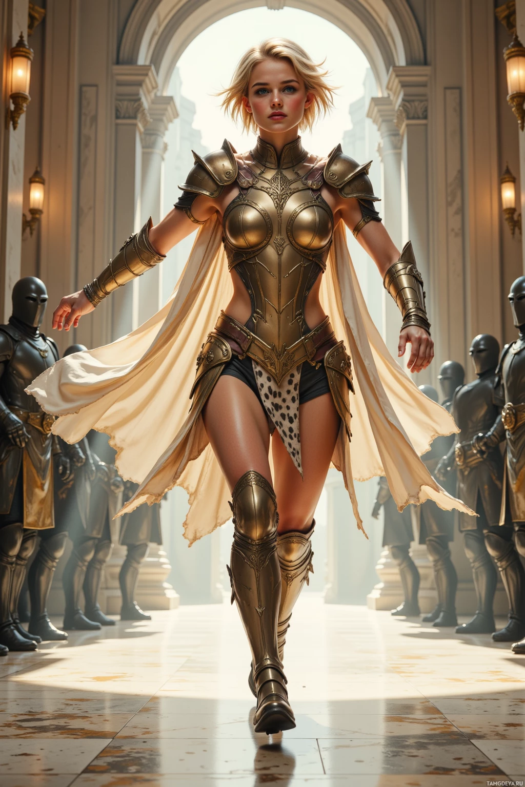 A woman in ornate golden armor walks confidently through a grand hall.