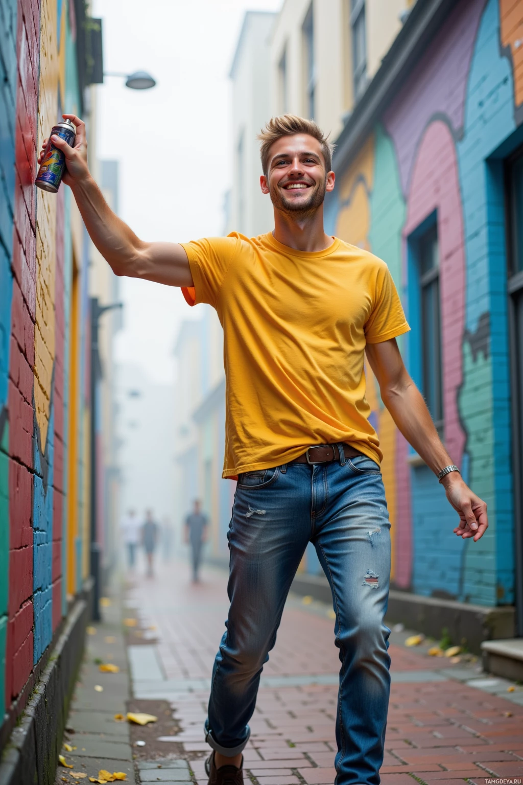 A man in a yellow shirt and jeans stands in a colorful alleyway, holding a spray can.