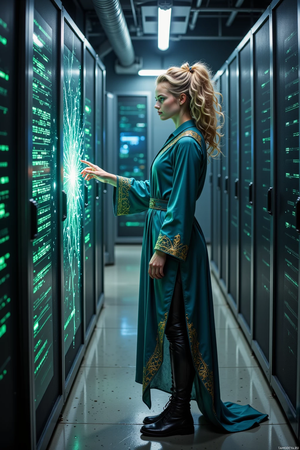 A woman in a teal robe stands in a server room, interacting with glowing screens.