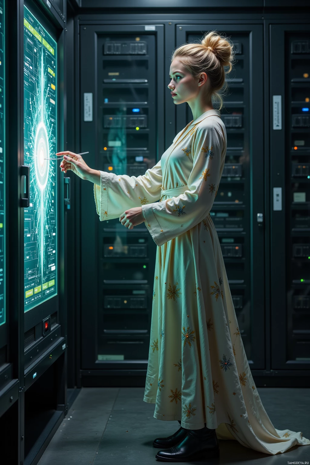 A woman in a long dress stands in a server room, interacting with a large digital display.