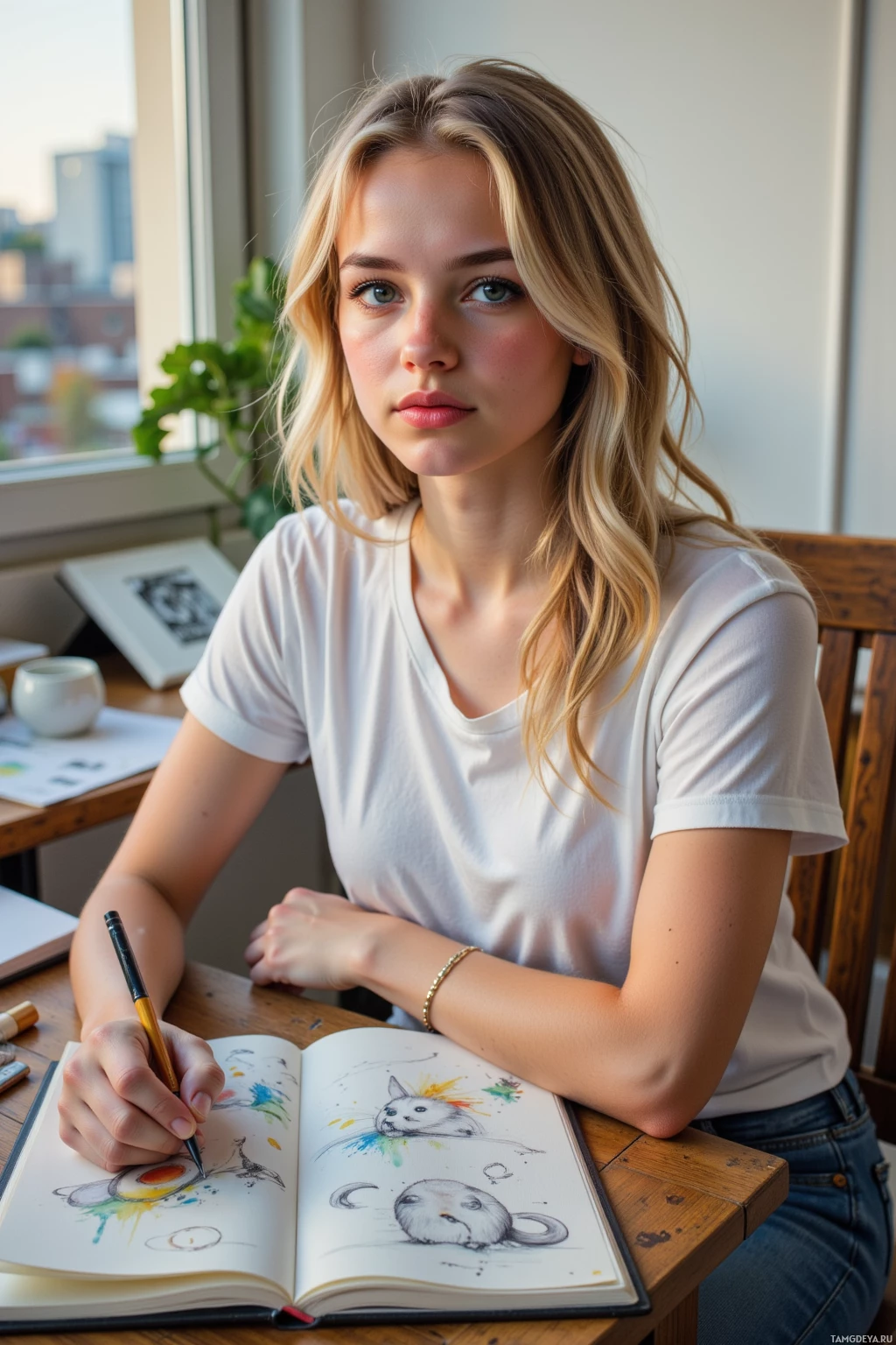A person is sitting at a desk, drawing in a notebook with a pencil.