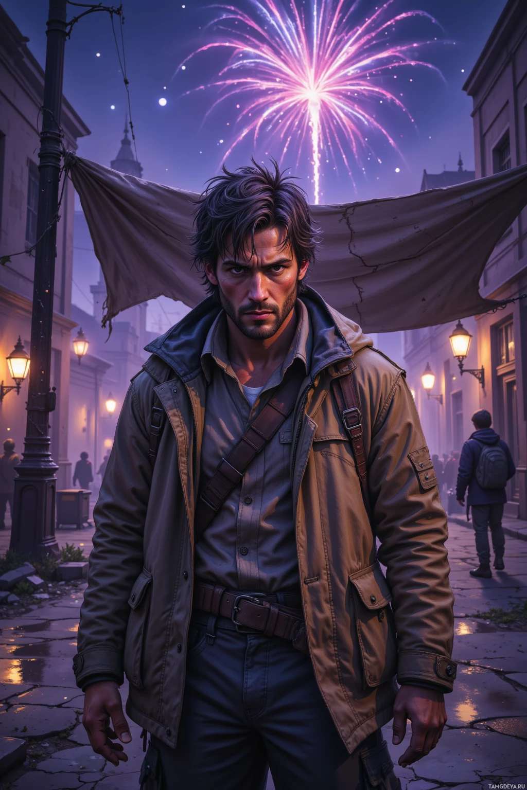 A man stands on a cobblestone street under a vibrant fireworks display.