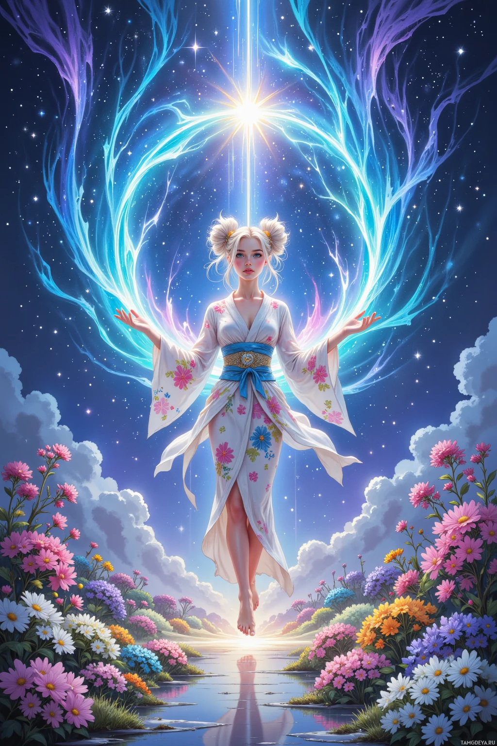 A serene figure in a flowing robe stands amidst a vibrant garden under a starlit sky.