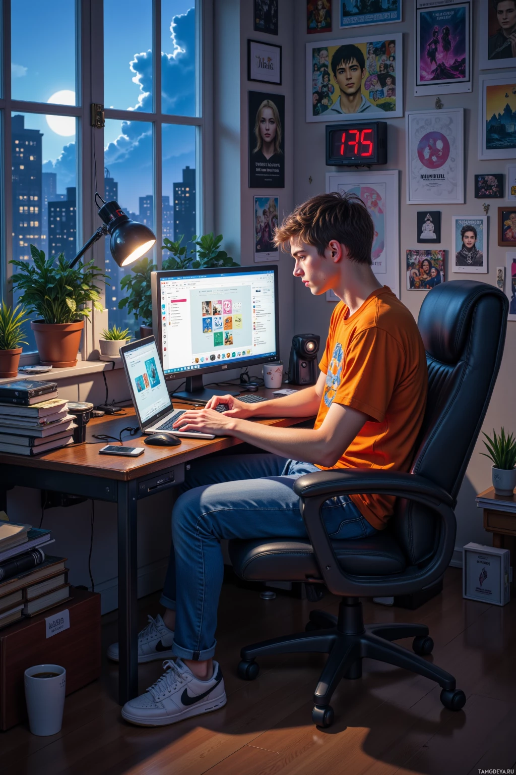 A person is sitting at a desk in a room with a cityscape view, working on a computer.
