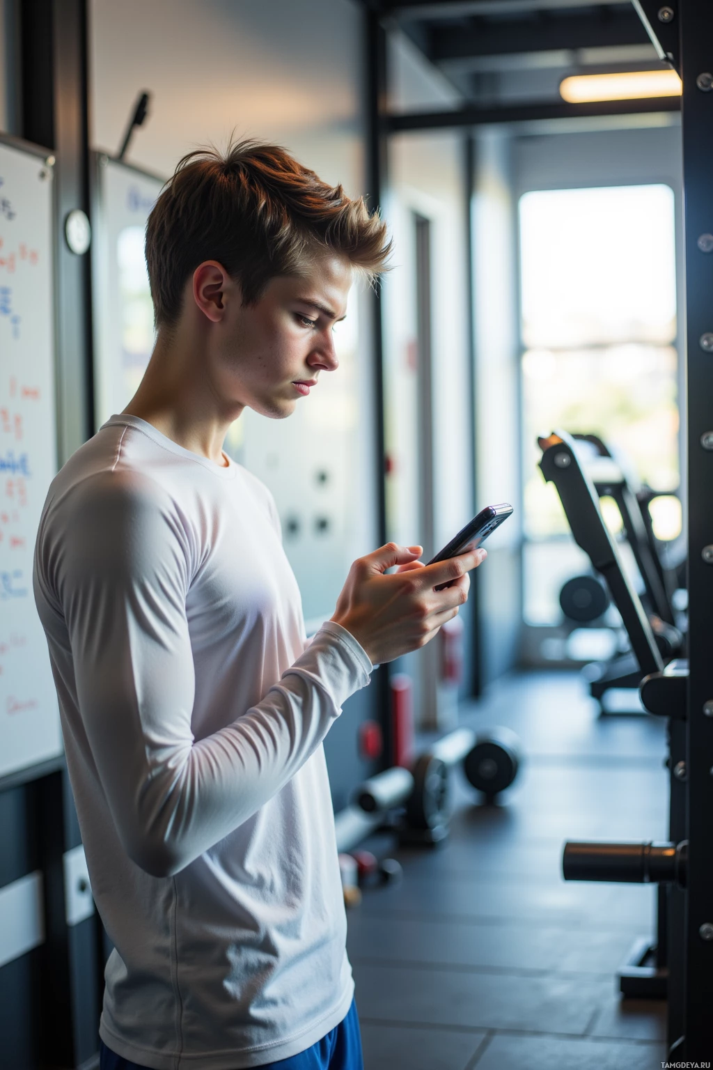 A person in a gym uses a smartphone.