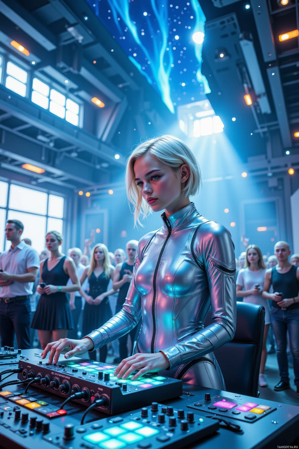 A person in a futuristic metallic outfit operates a control panel in a high-tech environment with a crowd of onlookers.